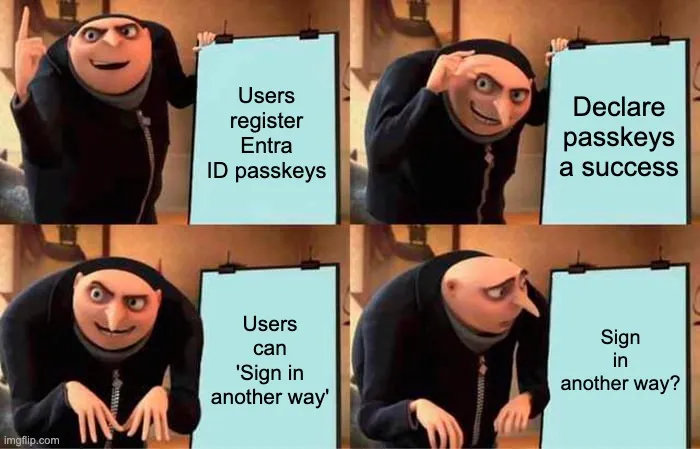 Gru celebrates users registering Entra ID passkeys, then realises they can still select 'Sign in another way'.