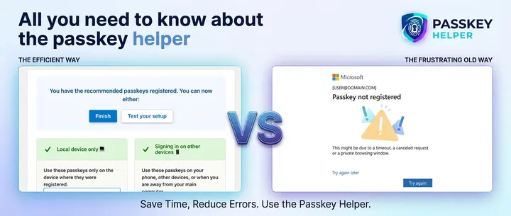 Passkey Helper comparison showing an efficient passkey setup beside a frustrating failed registration dialog.