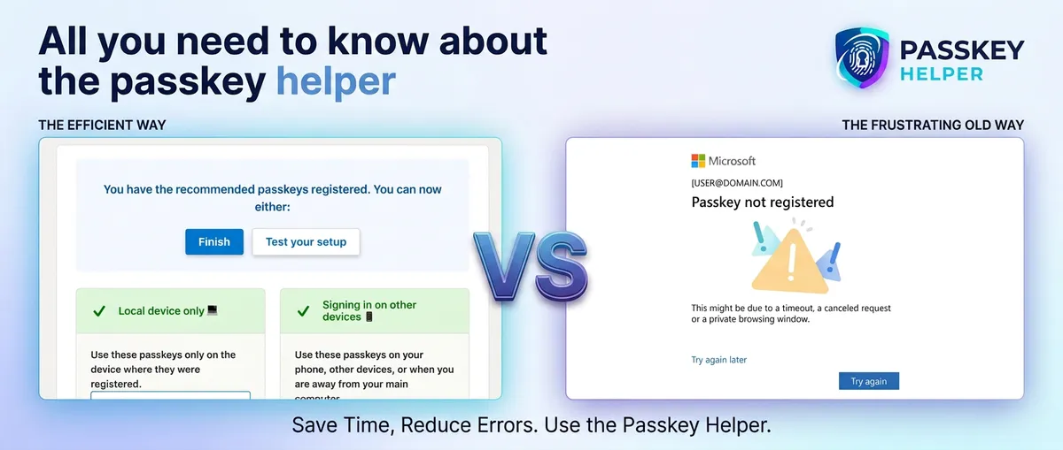 Passkey Helper comparison showing an efficient passkey setup beside a frustrating failed registration dialog.