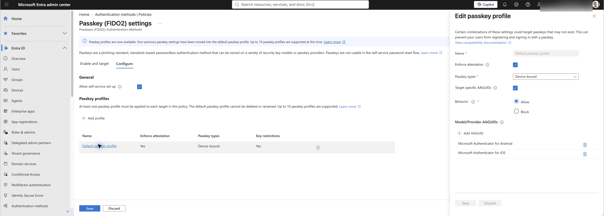 Live Microsoft Entra Edit passkey profile drawer showing attestation, device-bound passkeys, and allowed Microsoft Authenticator AAGUIDs.