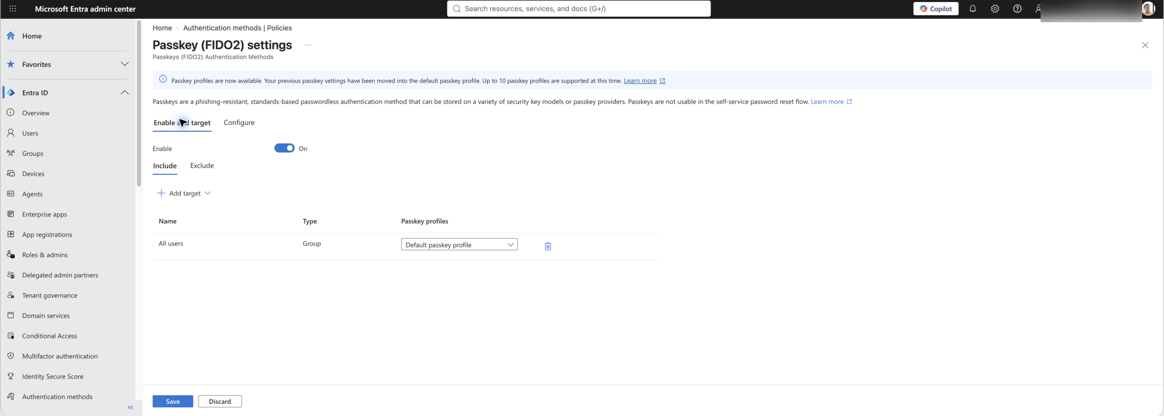 Live Microsoft Entra Passkey (FIDO2) Enable and target screen showing the method enabled for All users.