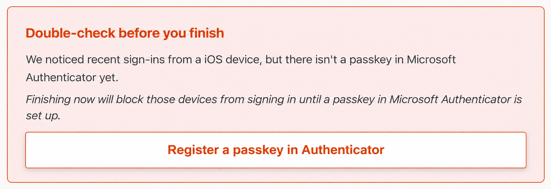 Passkey Self-Service Helper warning panel showing a missing Microsoft Authenticator passkey before enforcement