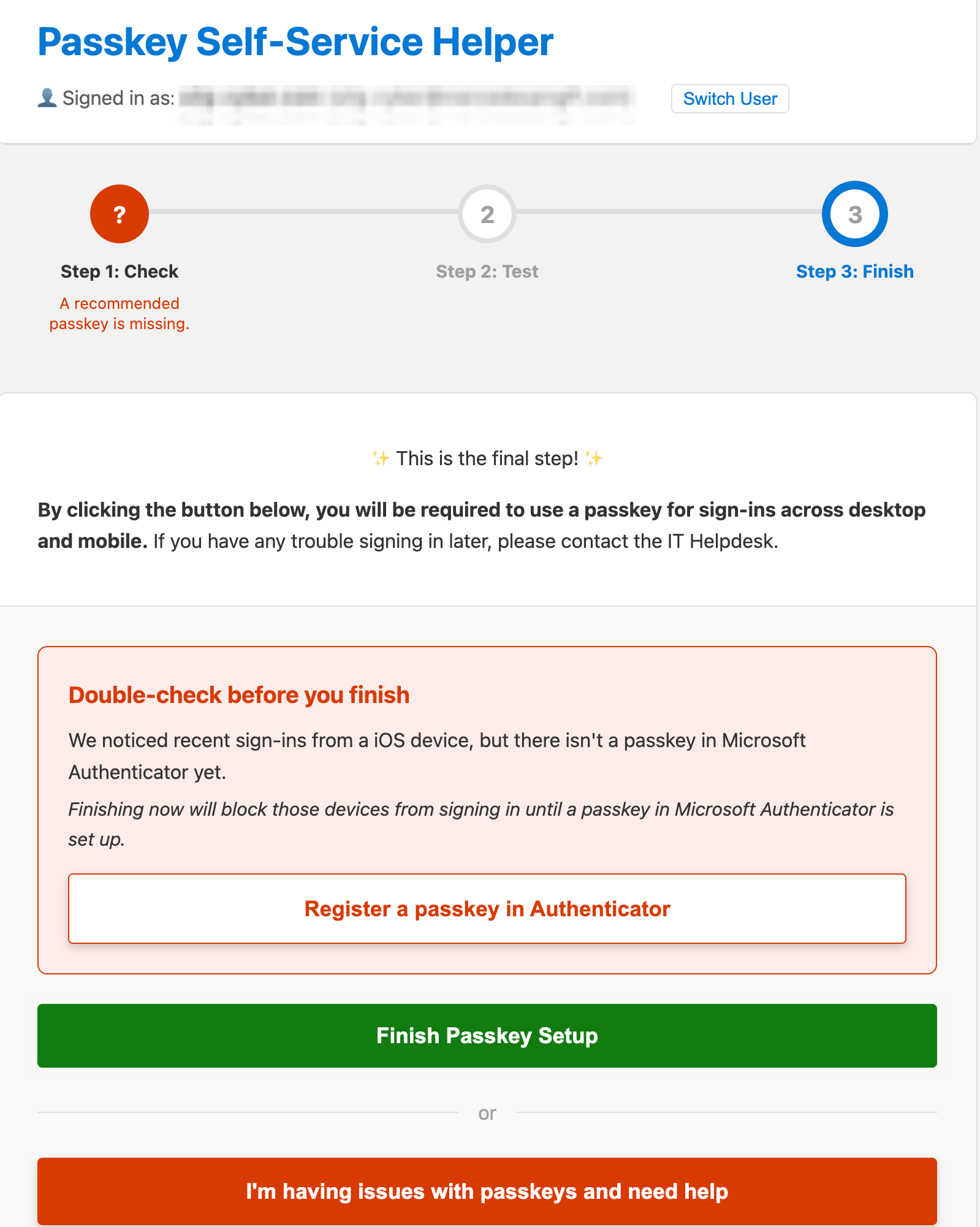 Walkthrough step 3: user creates a new passkey with guided prompts.